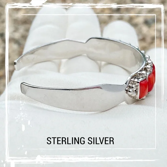 Red Coral Row Sterling Silver Cuff Bracelet - Picture 7 of 11